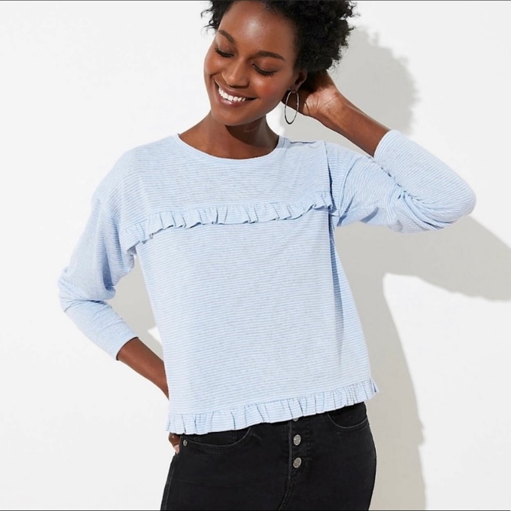 NWT Loft Blue & White Striped Ruffle Top